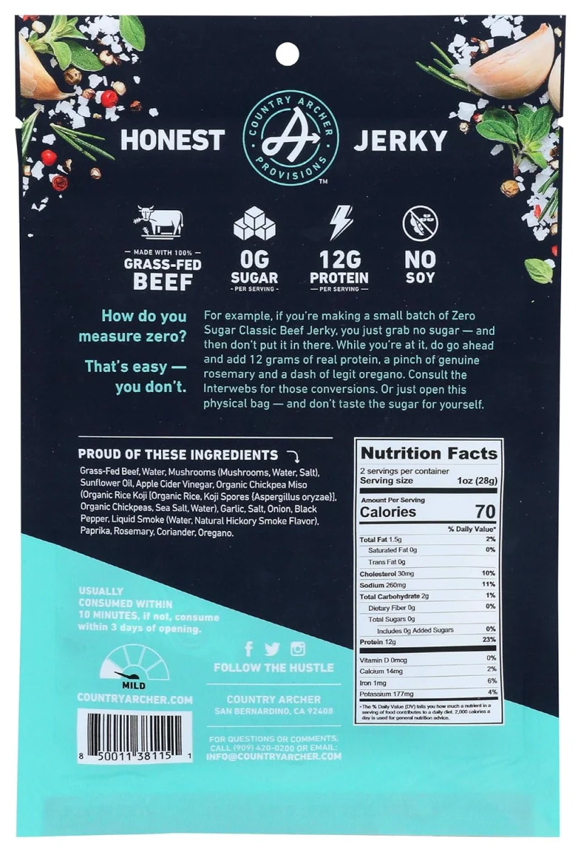 Country Archer Jerky, Grass-Fed Beef Jerky, Classic, 2 oz (56 g)
