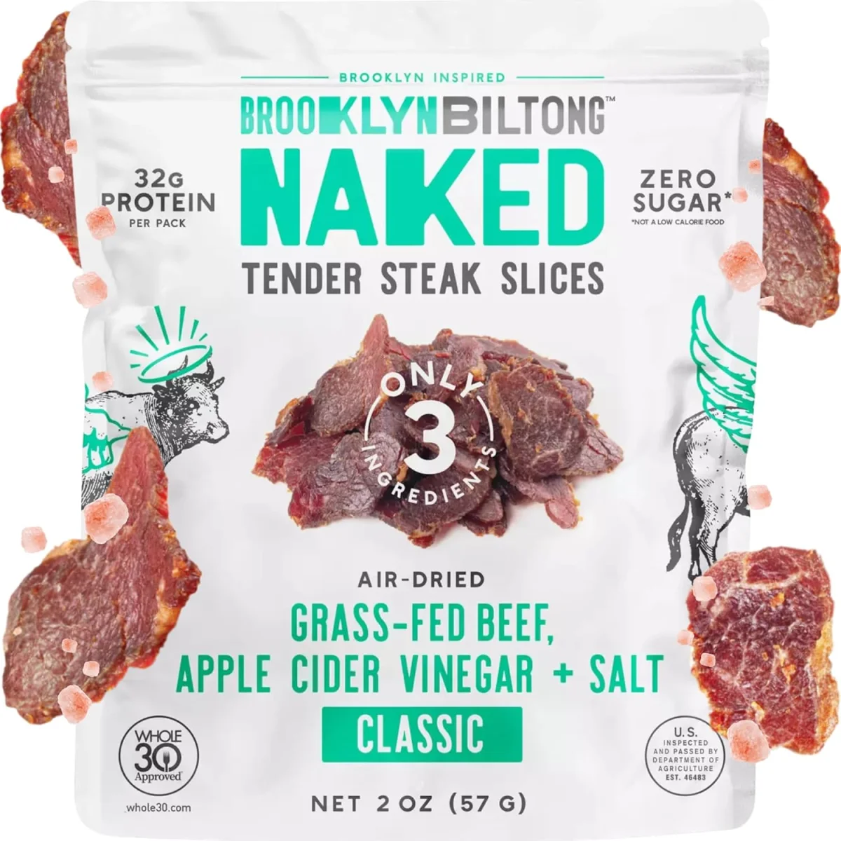 Brooklyn Biltong, Air Dried Grass Fed Beef Naked Tender Slices, Classic 2oz