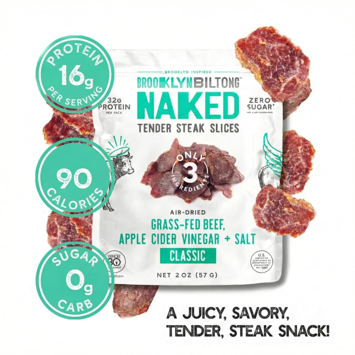 Brooklyn Biltong, Air Dried Grass Fed Beef Naked Tender Slices, Classic 2oz