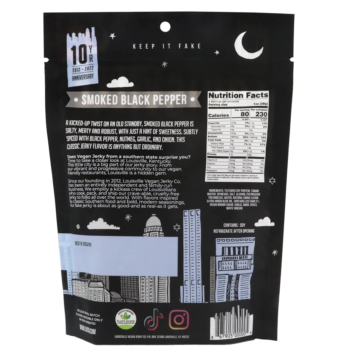 Louisville Vegan Jerky Co. Smoked Black Pepper Soy Jerky 3 oz, 1-Pack