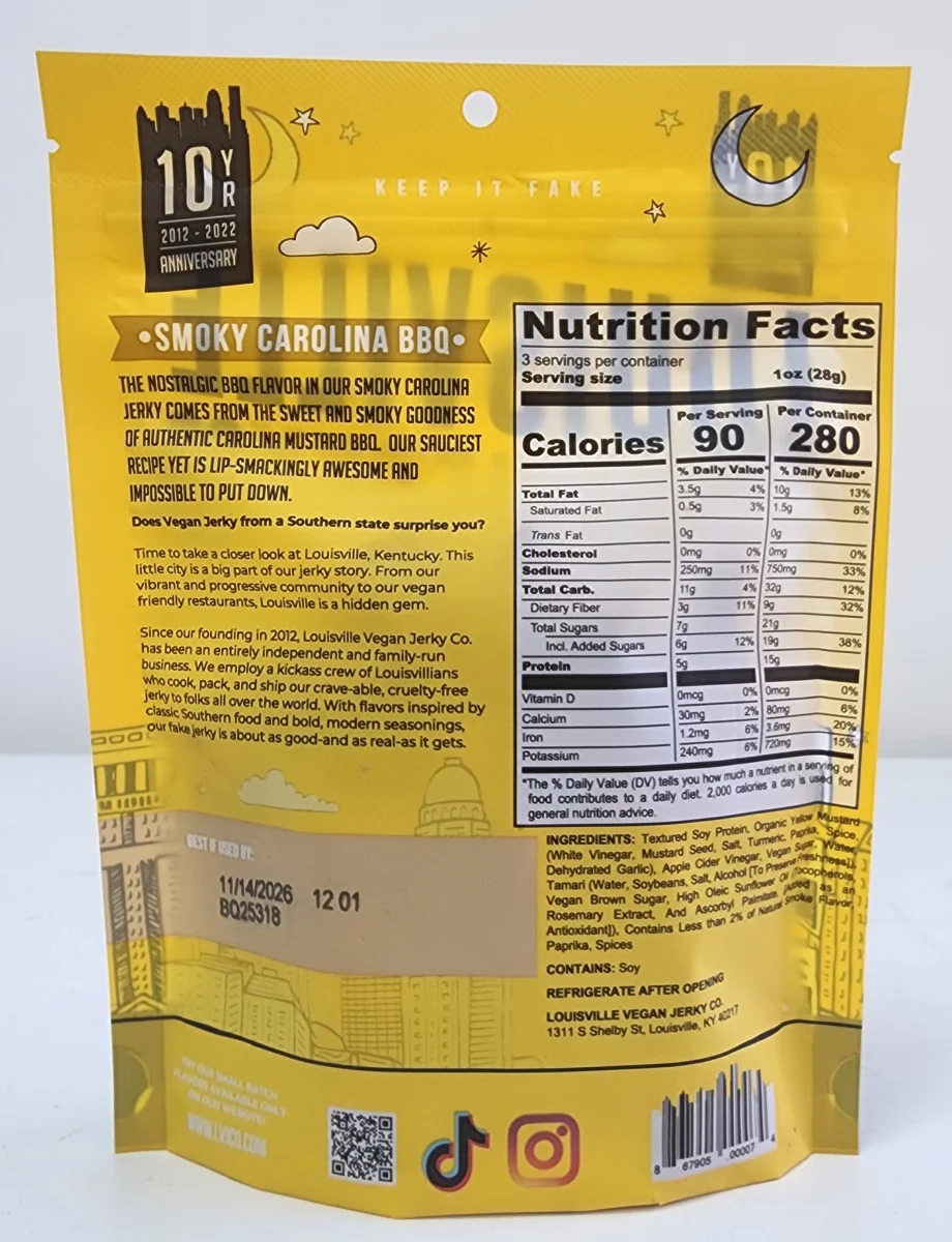 Louisville Vegan Jerky Soy Jerky, Smoky Carolina BBQ 3 oz