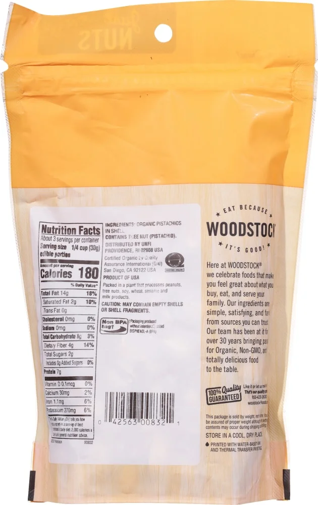 Woodstock Organic Pistachios, Dry Roasted Unsalted - 7 oz