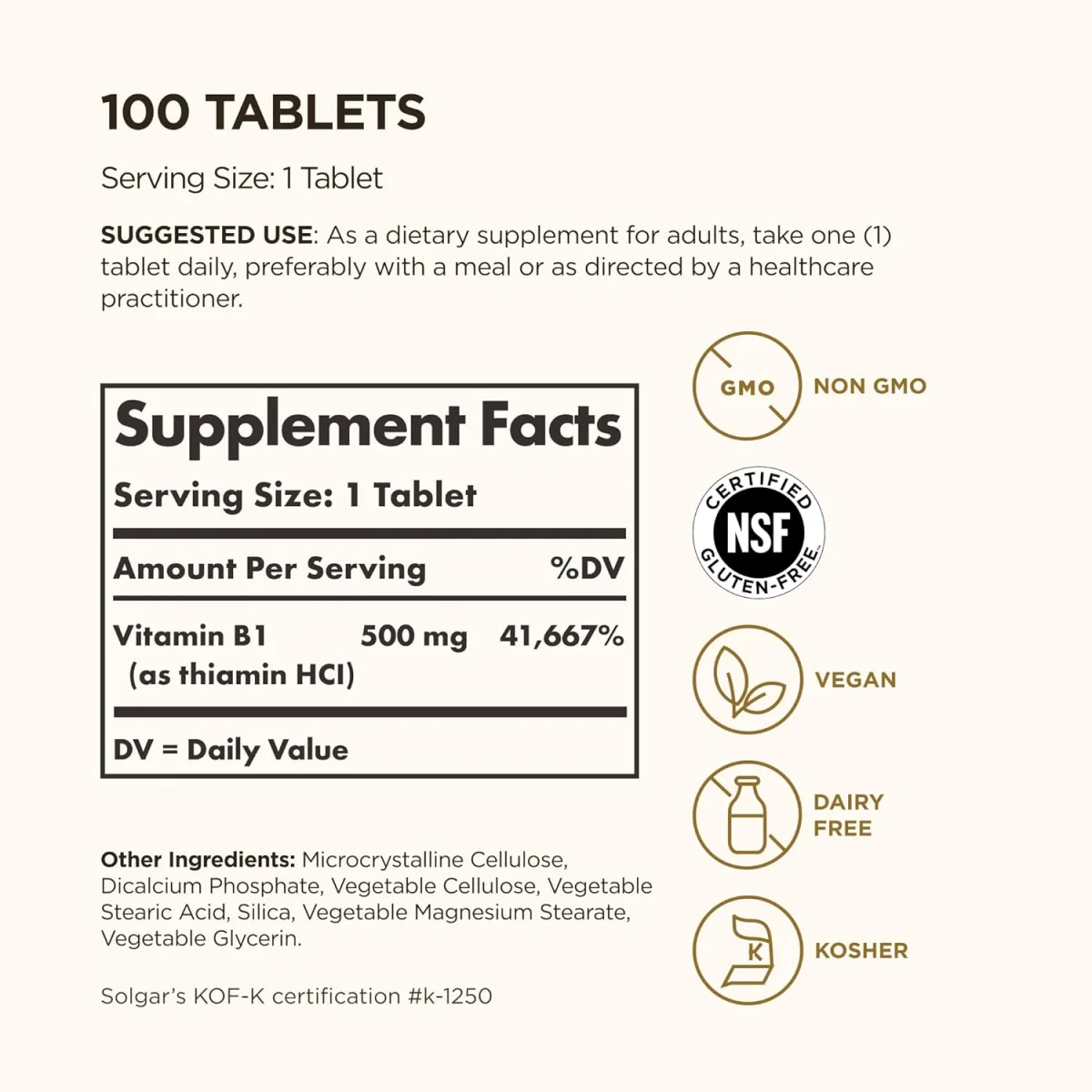 Solgar Vitamin B1 (Thiamin) - 500 mg - 100 Tablets