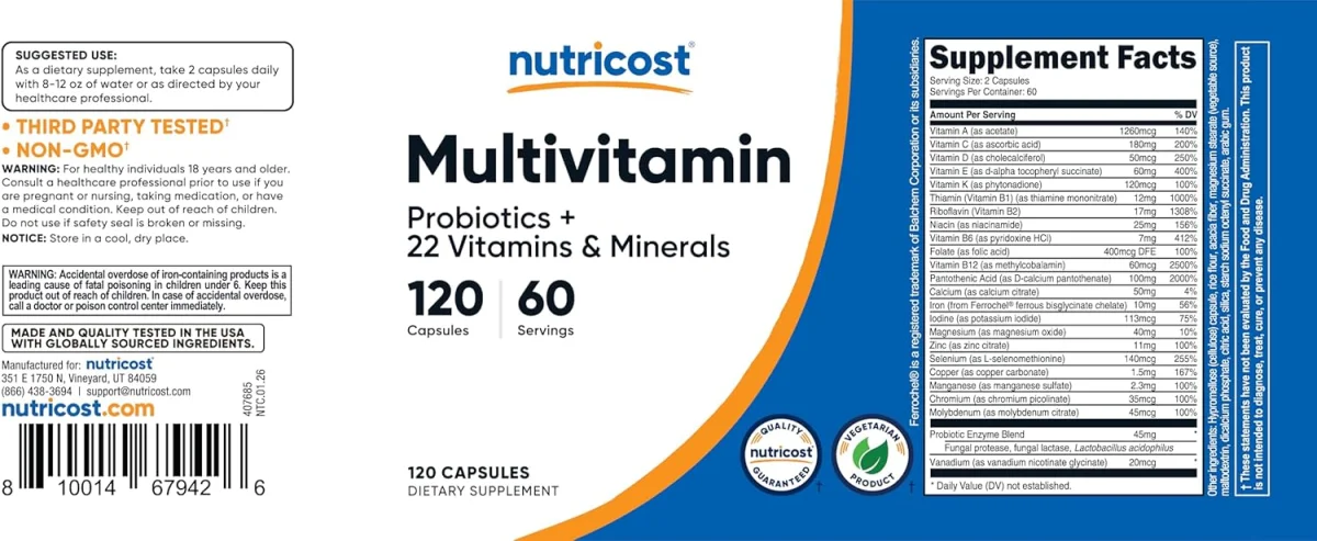 Nutricost Multivitamin Probiotics + 22 Vitamins & Minerals - 120 Capsules