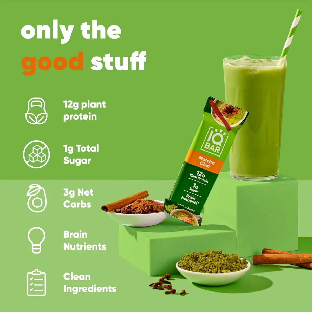 IQBAR Brain and Body Keto Protein Bar, Matcha Chai - 1.6 oz