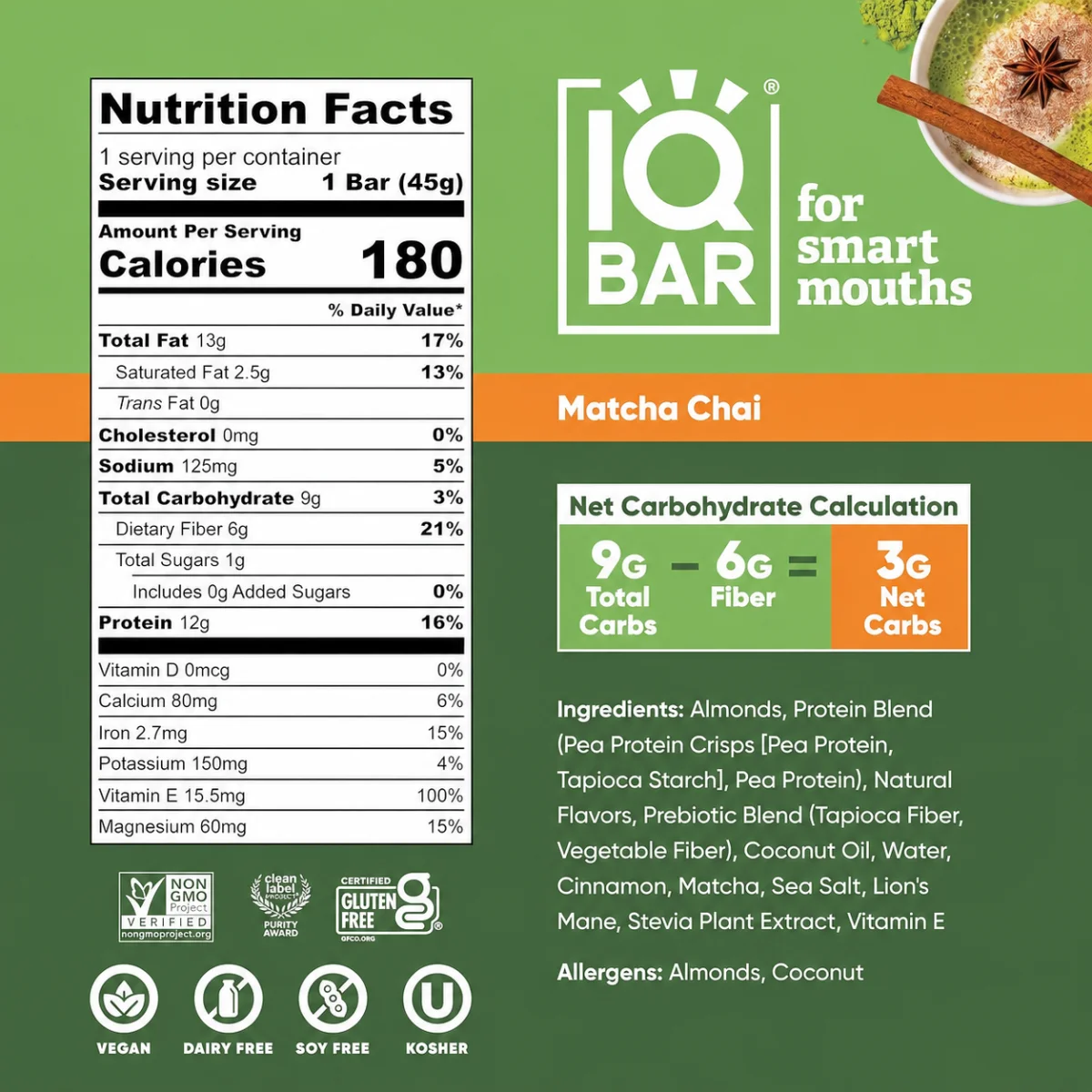 IQBAR Brain and Body Keto Protein Bar, Matcha Chai - 1.6 oz