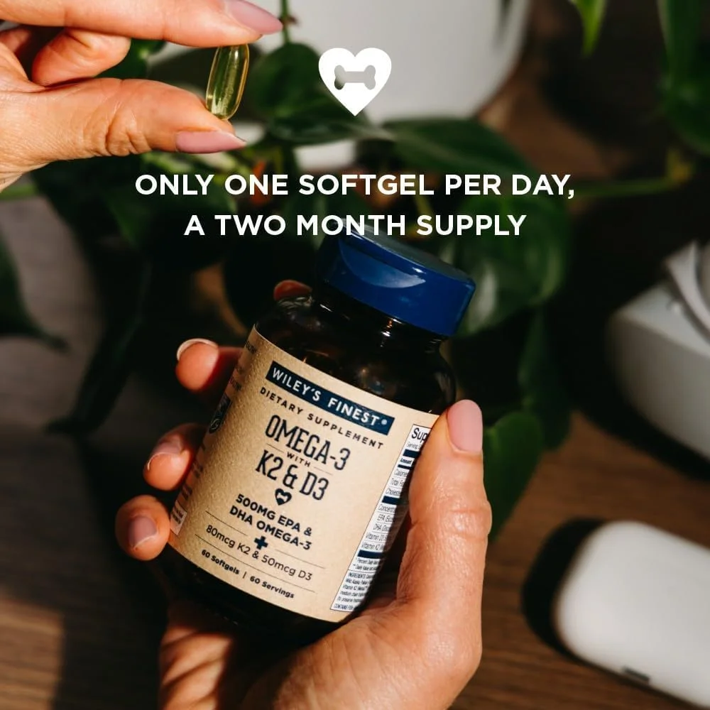 Wiley’s Finest Wild Alaskan Fish Oil Vitamin K2 & D3 Softgels, 500mg EPA & DHA Omega-3, 60 Softgels