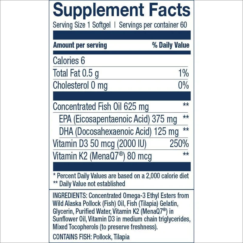 Wiley’s Finest Wild Alaskan Fish Oil Vitamin K2 & D3 Softgels, 500mg EPA & DHA Omega-3, 60 Softgels