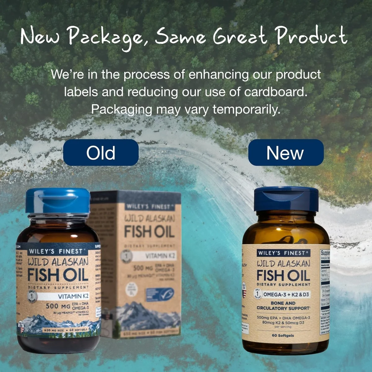 Wiley’s Finest Wild Alaskan Fish Oil Vitamin K2 & D3 Softgels, 500mg EPA & DHA Omega-3, 60 Softgels