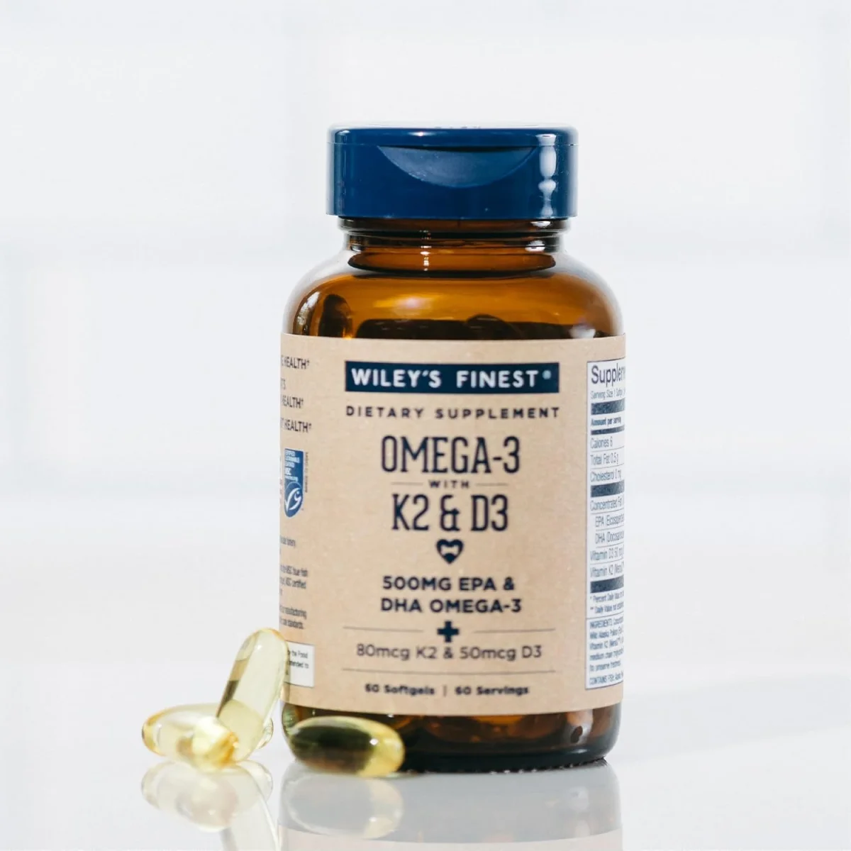 Wiley’s Finest Wild Alaskan Fish Oil Vitamin K2 & D3 Softgels, 500mg EPA & DHA Omega-3, 60 Softgels