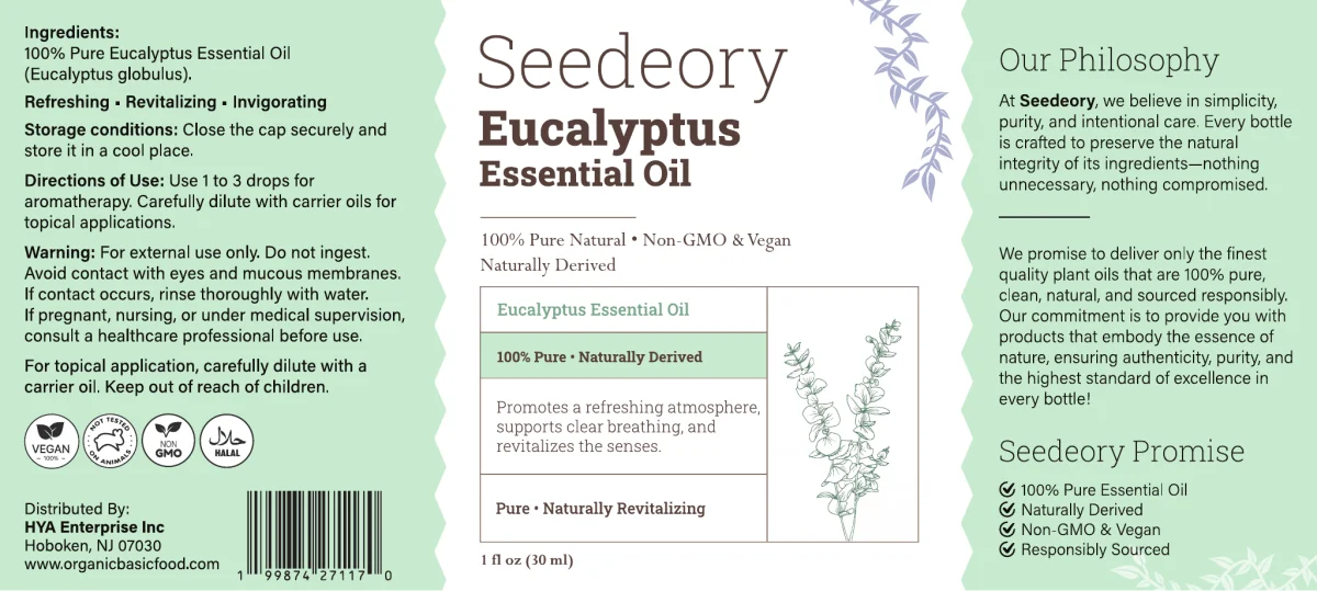 Seedeory Eucalyptus Essential Oil, 100% Pure - 1 fl oz