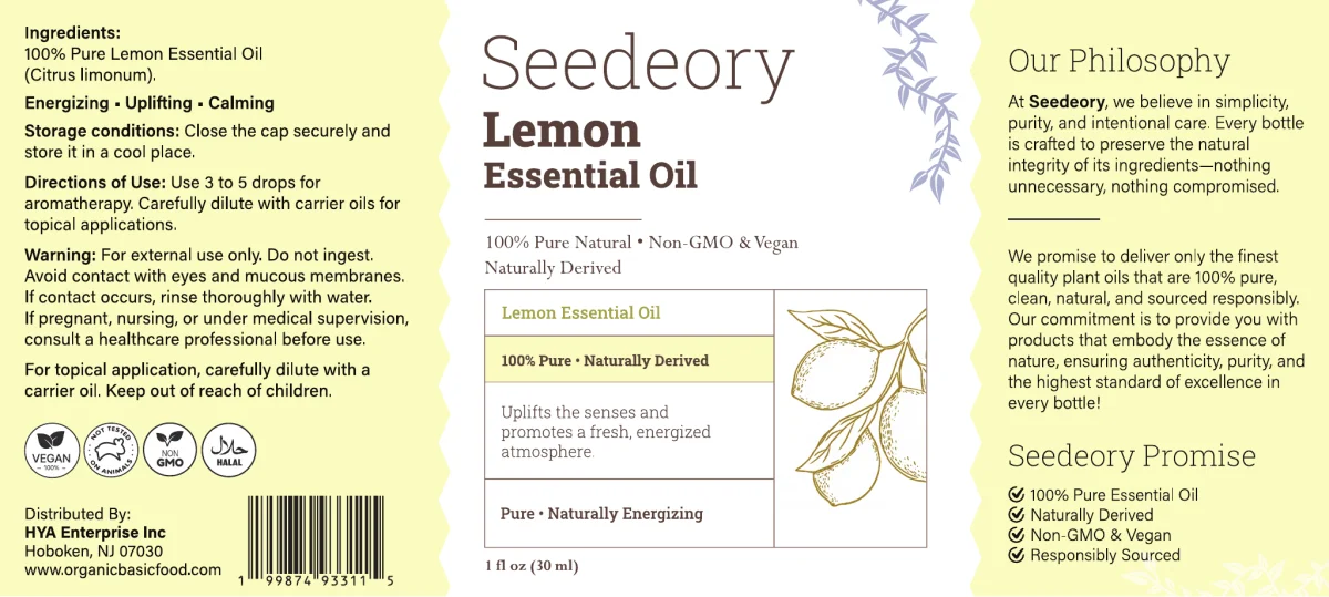Seedeory Lemon Essential Oil, 100% Pure - 1 fl oz