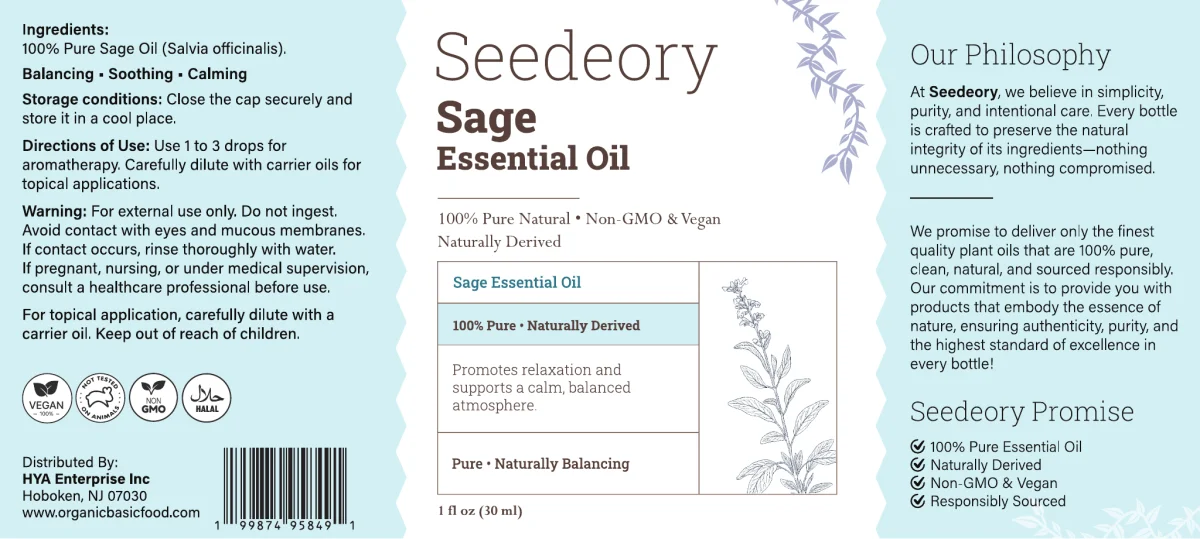 Seedeory Sage Essential Oil, 100% Pure - 1 fl oz