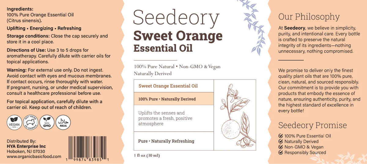 Seedeory Sweet Orange Essential Oil, 100% Pure - 1 fl oz