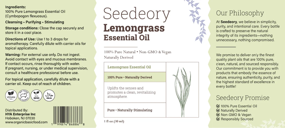Seedeory Lemongrass Essential Oil, 100% Pure - 1 fl oz