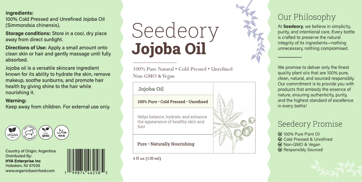 Seedeory Jojoba Oil, Cold-Pressed & Unrefined - 4 fl oz