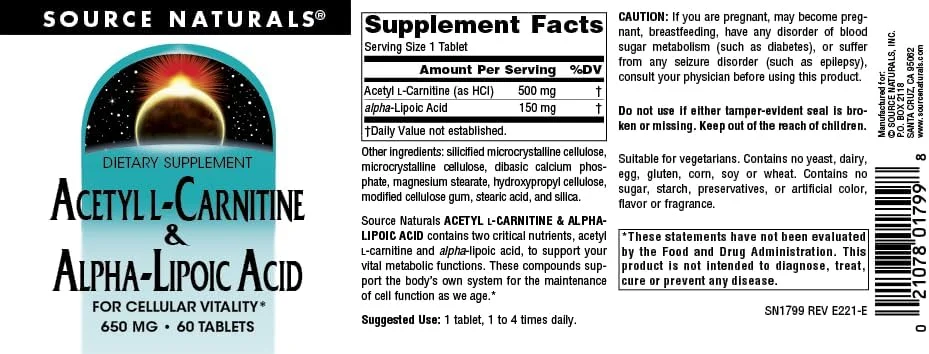 Source Naturals Acetyl L-Carnitine & Alpha-Lipoic Acid - 650 mg - 60 Tablets