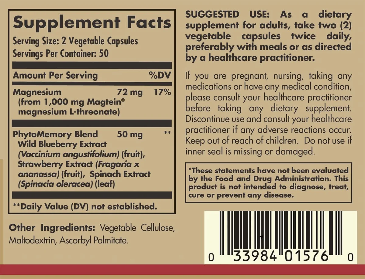 Solgar Magtein Magnesium L-Threonate - 100 Vegetable Capsules
