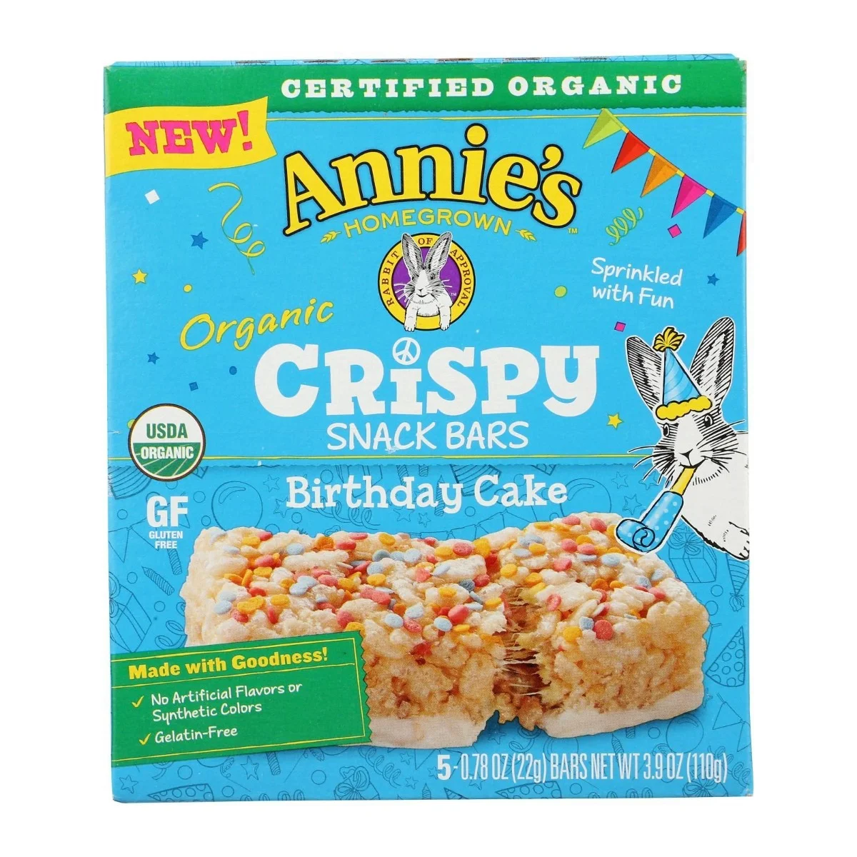 Annie's - Organic Gluten Free Crispy Snack Bars Birthday Cake 5count - Case Of 8 - 3.9 Oz