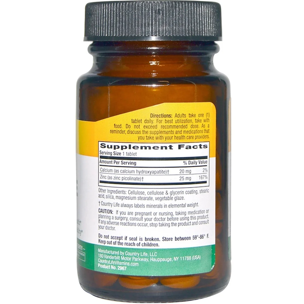 Country Life Zinc Picolinate - 25 mg - 100 Tablets