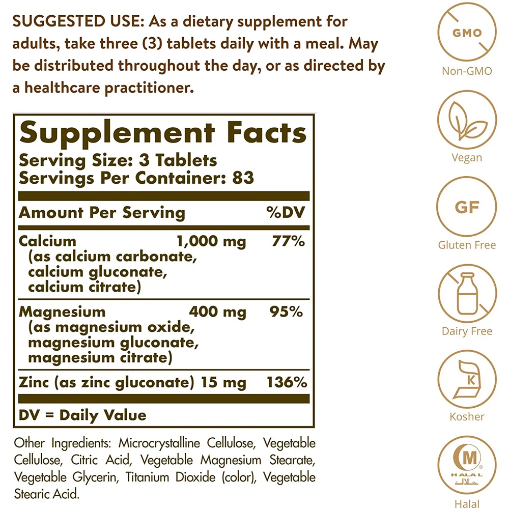 Solgar Calcium Magnesium plus Zinc - 250 Tablets