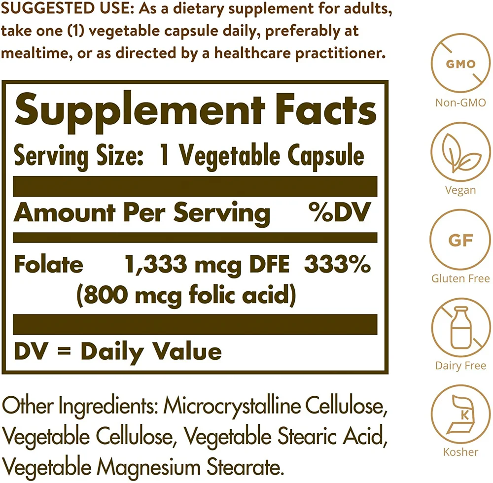Solgar Folate 1,333 mcg Dietary Folate Equivalent (800 mcg Folic Acid) 100 Vegetable Capsules