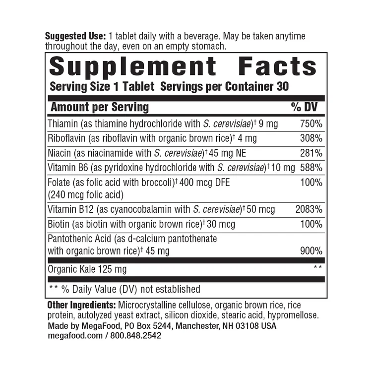 MegaFood Balanced B Complex with Vitamin B12, Vitamin B6 and Folate - 30 Tablets