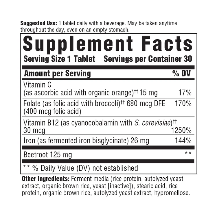 MegaFood Blood Builder Iron Supplement with Vitamin C - 30 Tablets