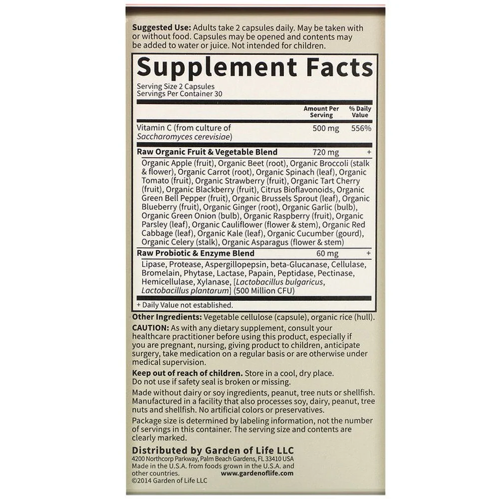 Garden of Life Vitamin Code RAW Vitamin C - 500 mg - 60 Vegan Capsules