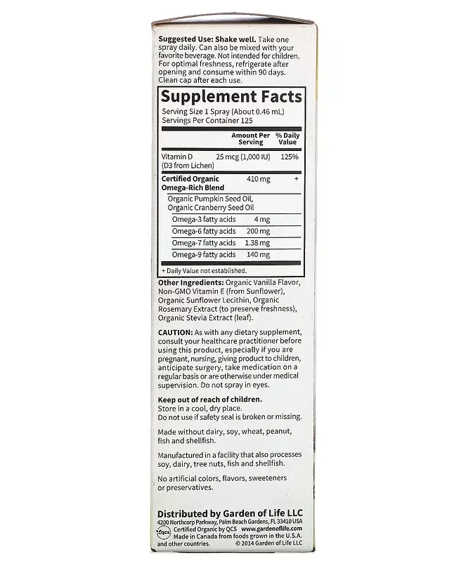 Garden of Life Organics Vegan D3 Organic Spray Vanilla - 1000 IU (25 mcg) - 2 fl oz