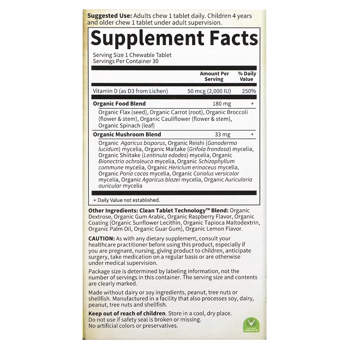 Garden of Life Organics Chewable Vegan D3 Raspberry Lemon - 2000 IU (50 mcg) - 30 Vegan Tablets