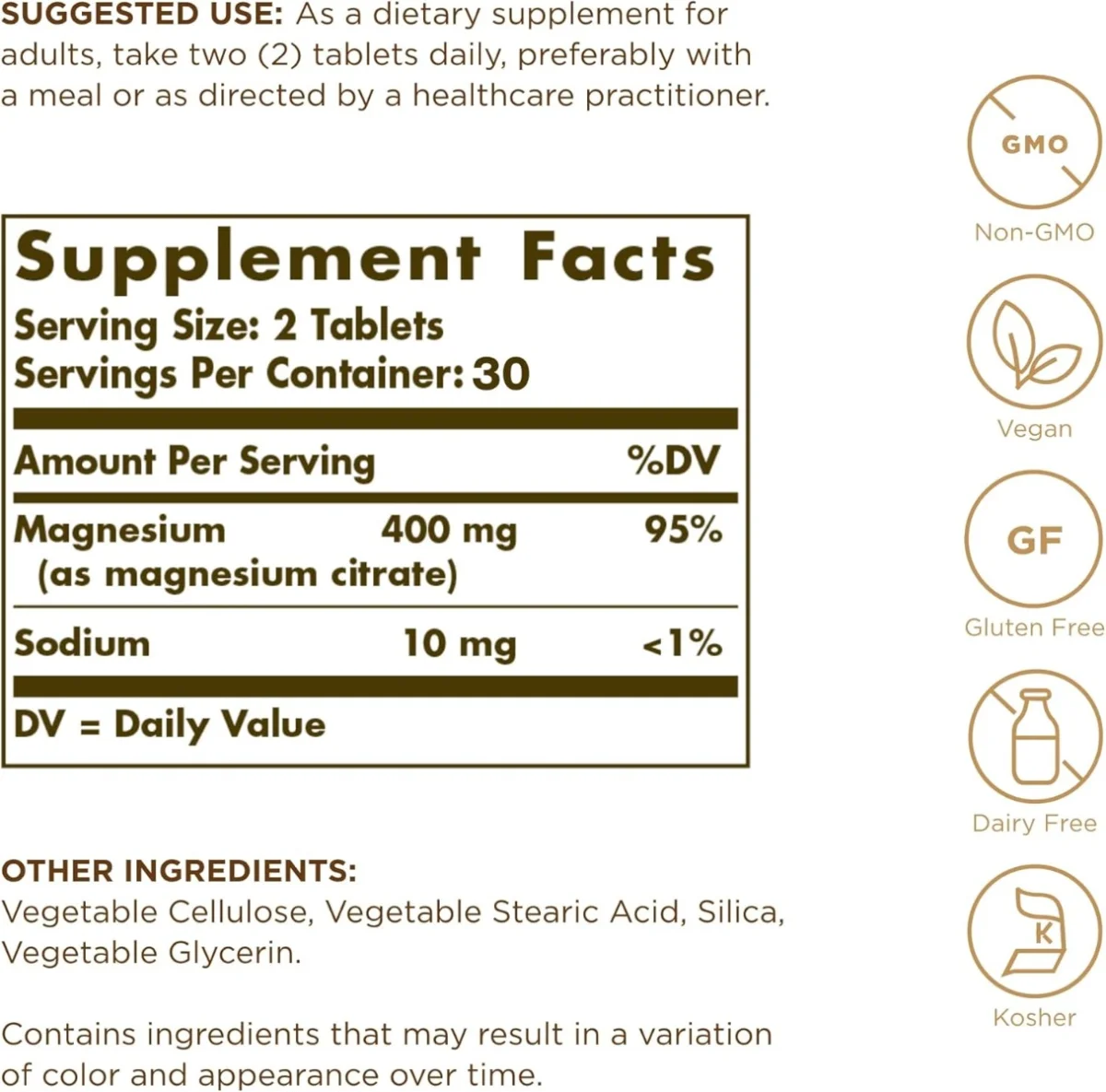 Solgar Magnesium Citrate - 400 mg - 120 Tablets