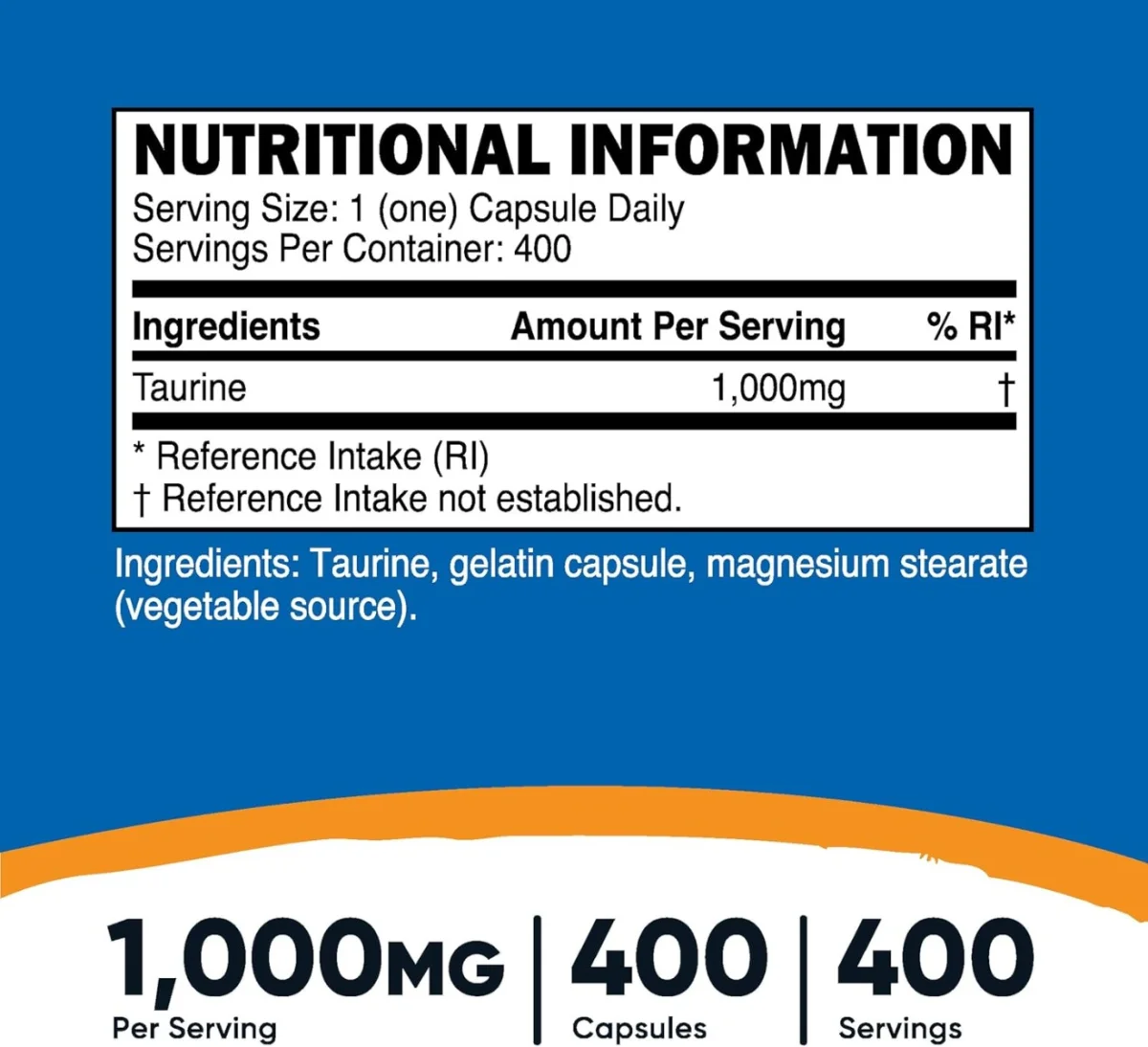 Nutricost Taurine - 1000 mg - 400 Capsules