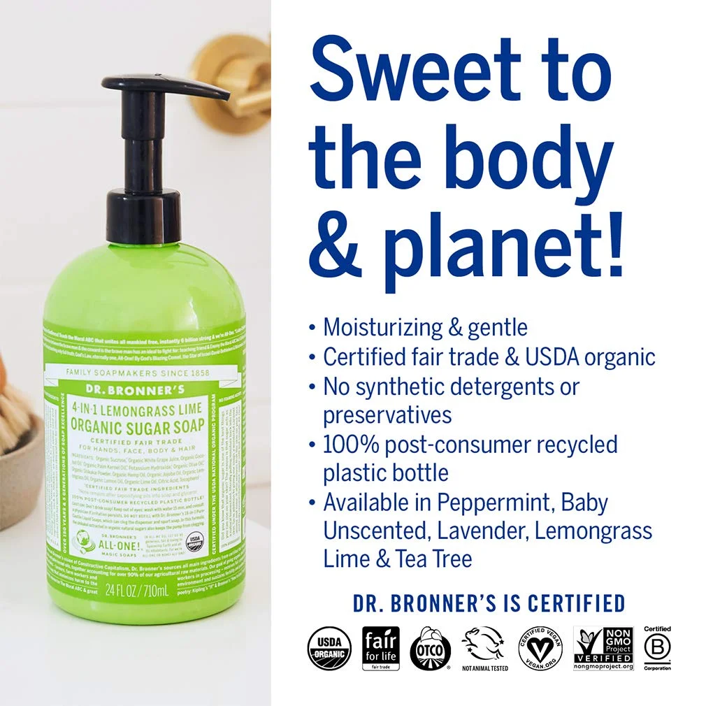 Dr. Bronner's Organic 4-in-1 Pump Soap Sugar Lemongrass Lime - 12 fl oz