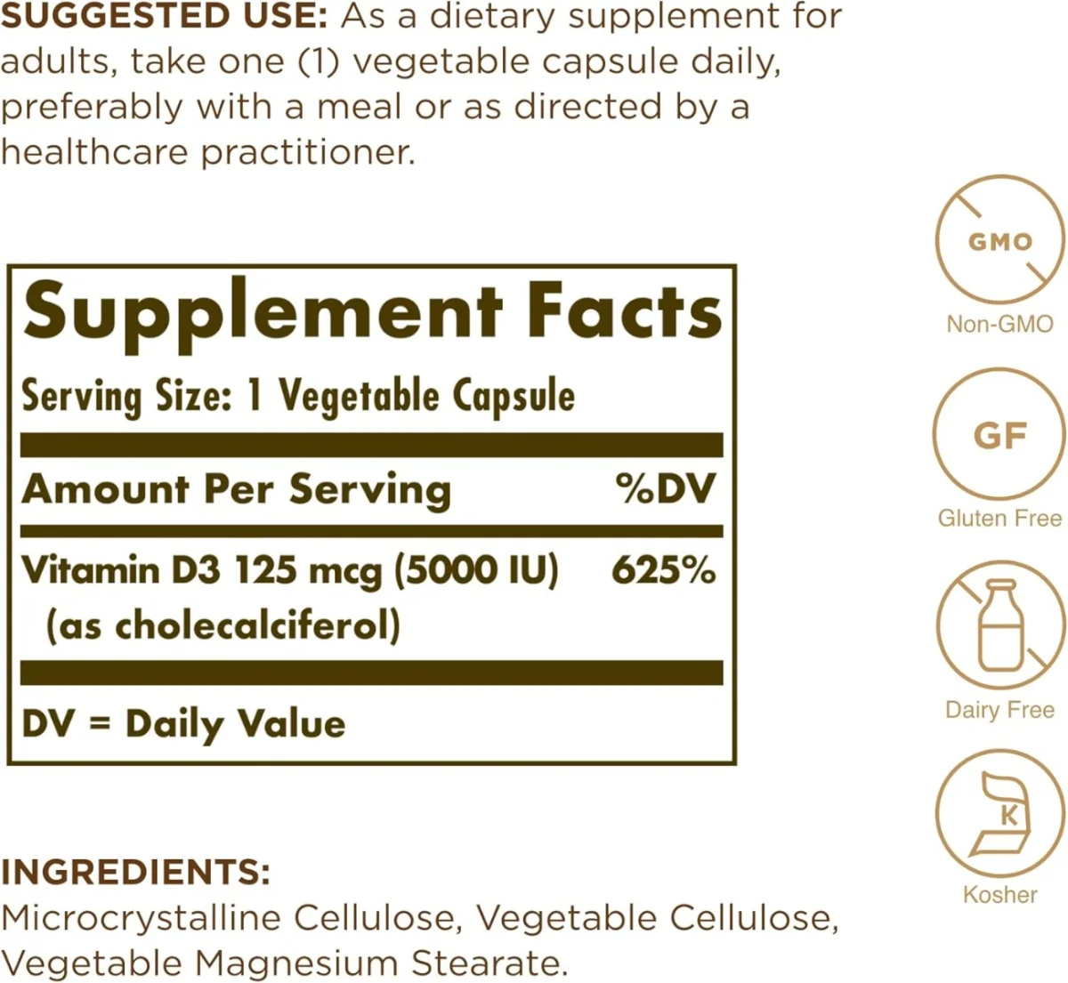 Solgar, Vitamin D3, 125 mcg (5,000 IU), 60 Vegetable Capsules