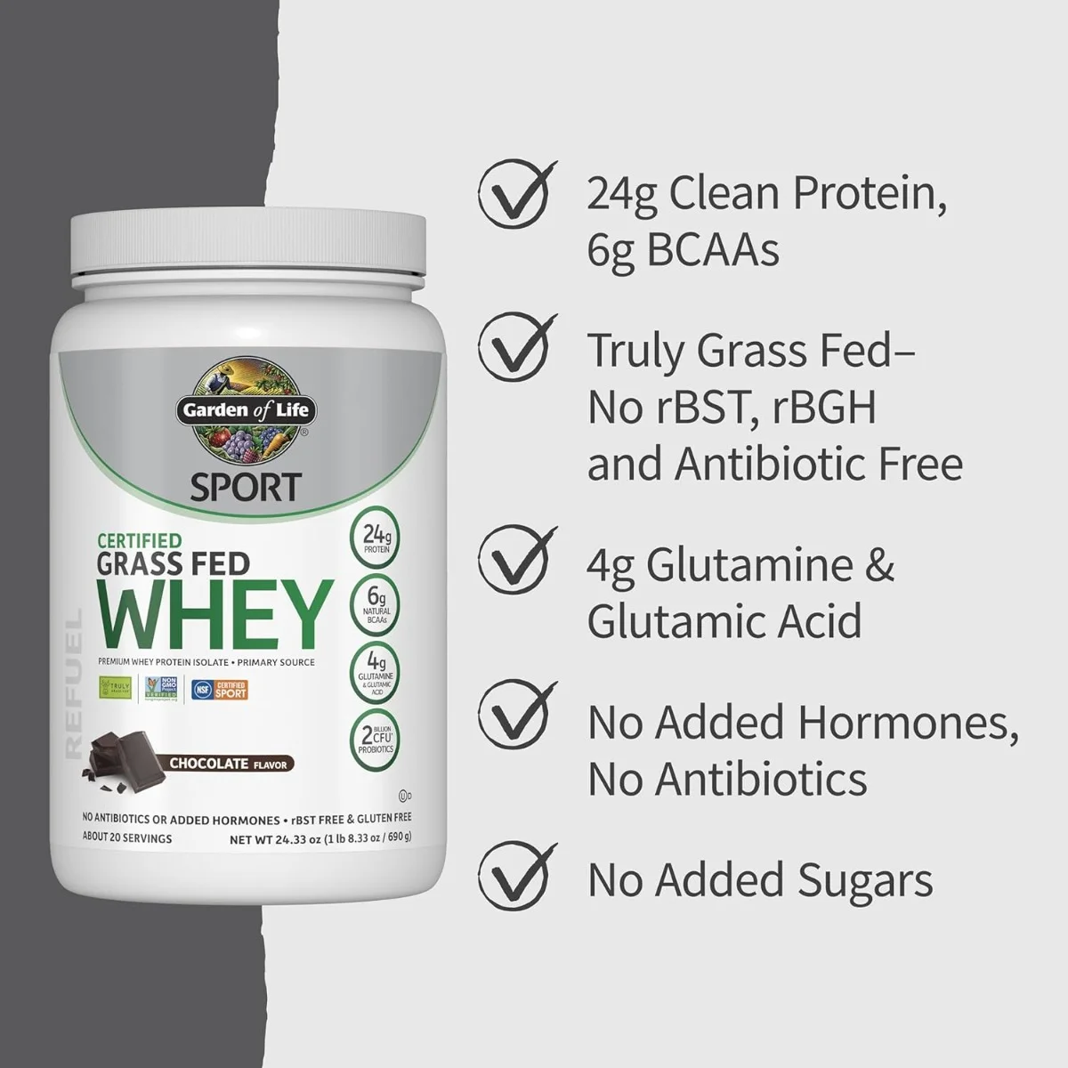 Garden of Life Sport Certified Grass Fed Whey Protein - NSF Certified for Sport Chocolate - 20 Servings