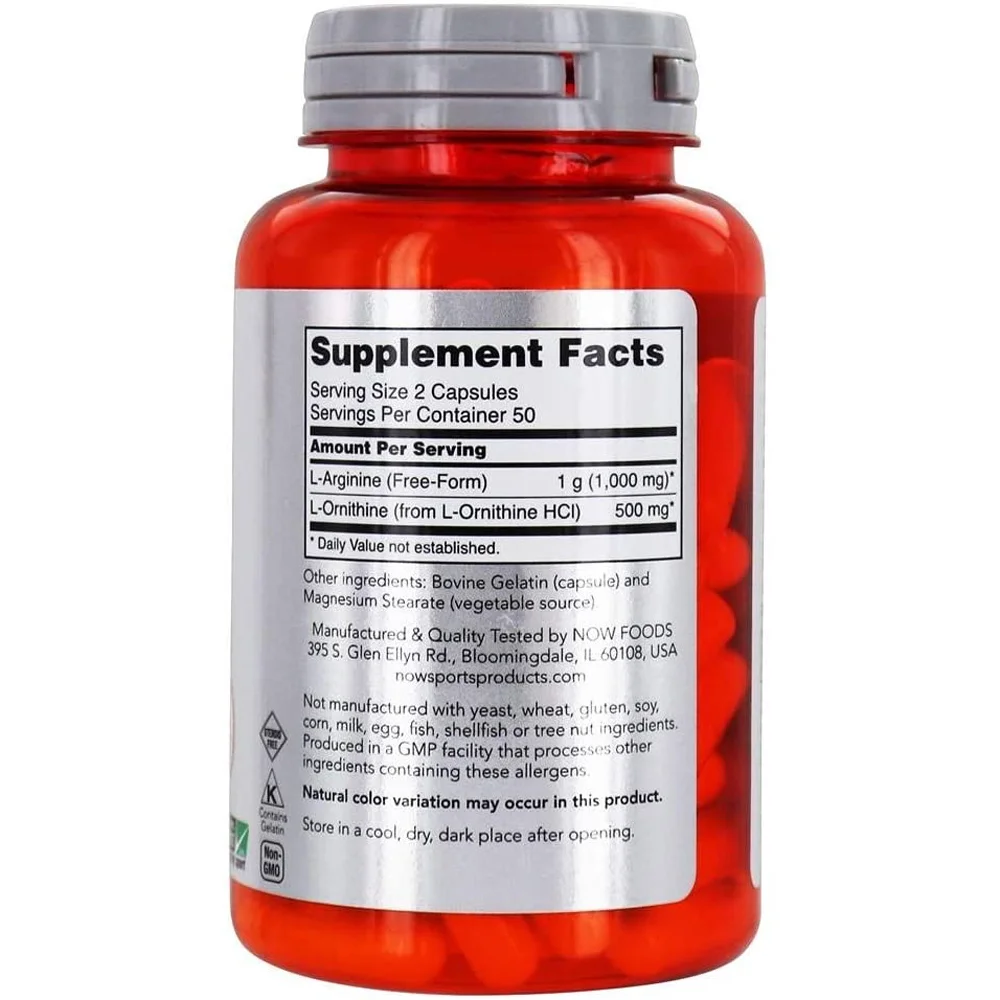 NOW Sports Arginine & Ornithine - Informed Sport Certified - 100 Capsules