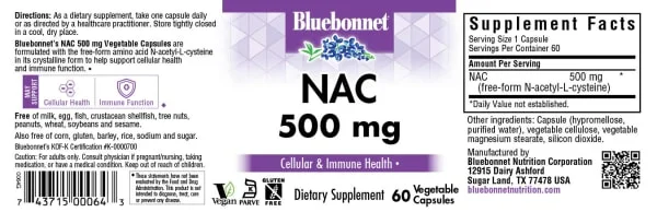 Bluebonnet Nutrition NAC - 500 mg - 60 Vegetable Capsules