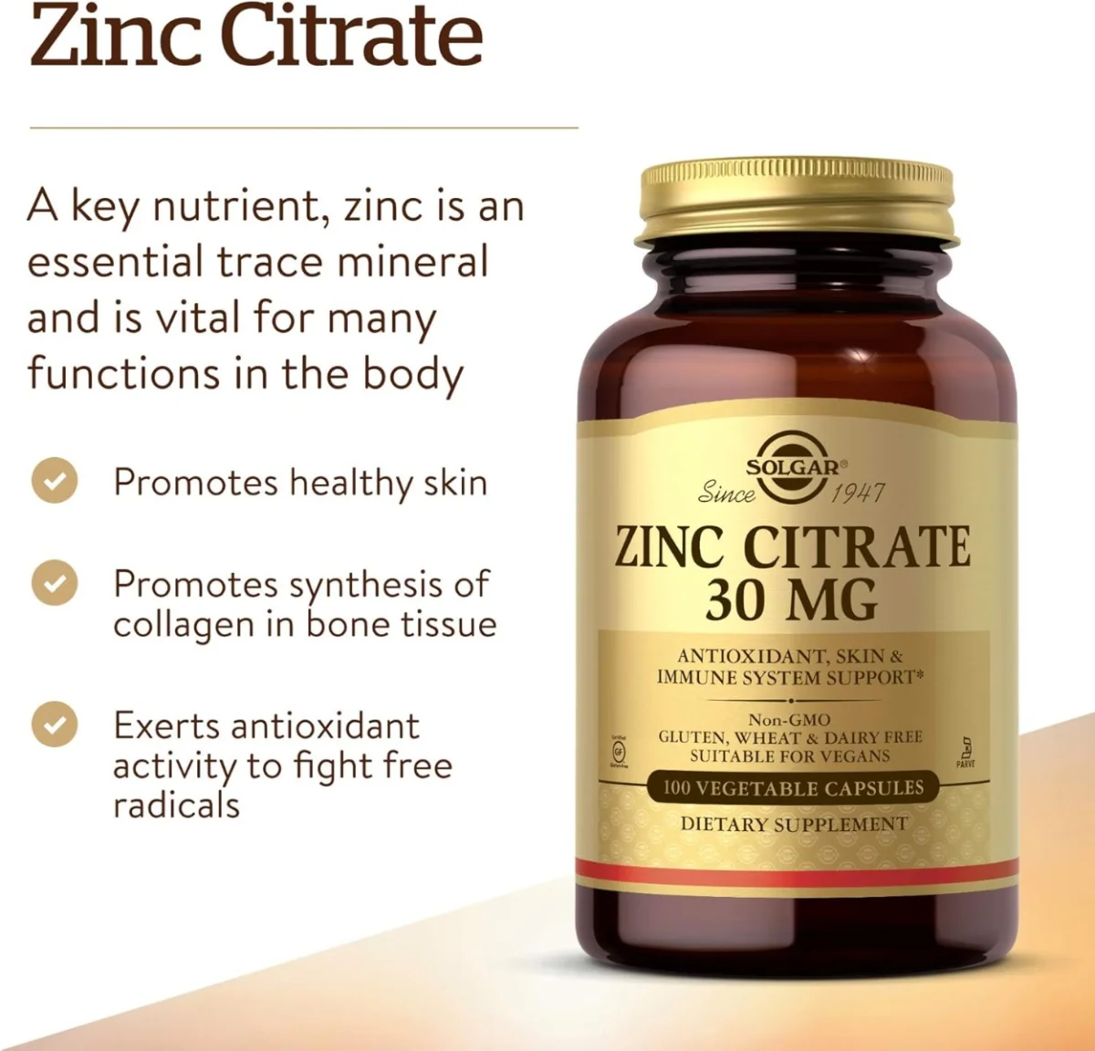 Solgar Zinc Citrate - 30 mg - 100 Vegetable Capsules