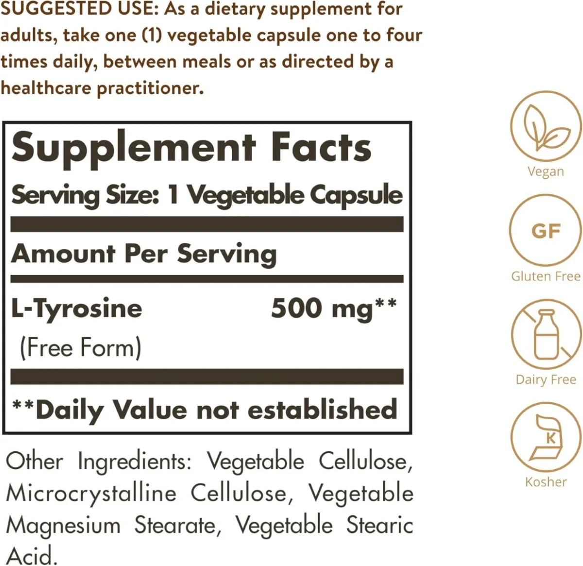 Solgar L-Tyrosine - 500 mg - 100 Vegetable Capsules