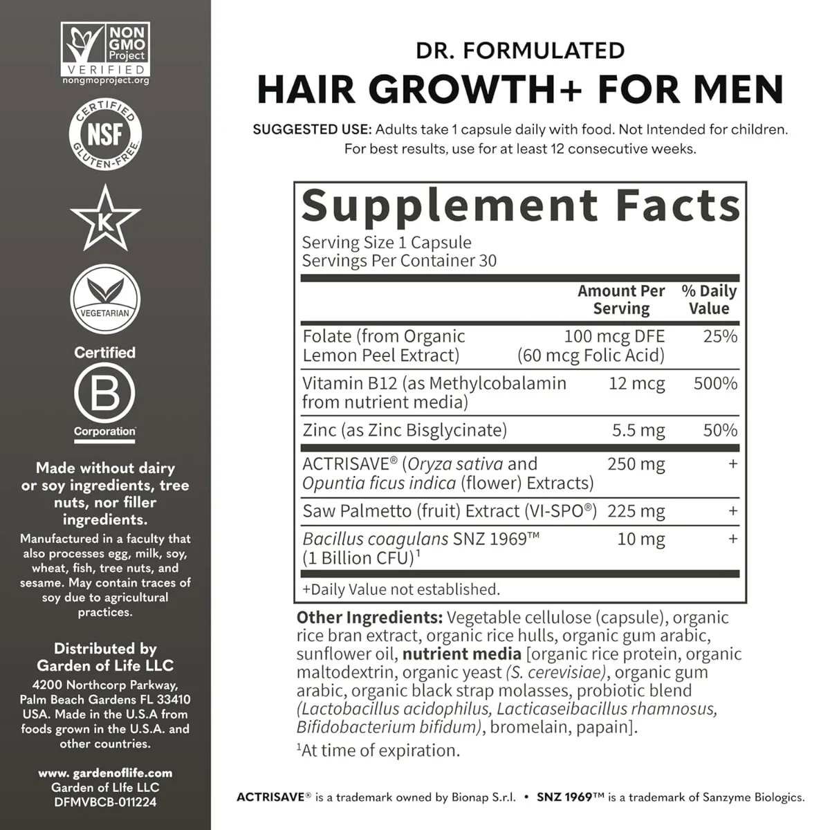 Garden Of Life - Dr. Formulated, Hair Growth+ For Men, 30 Vegetarian Capsules