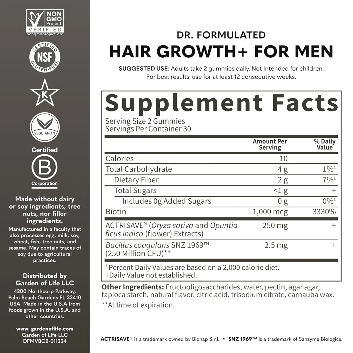 Garden of Life, Hair Growth Gummies for Men, Berry, 60 Gummies