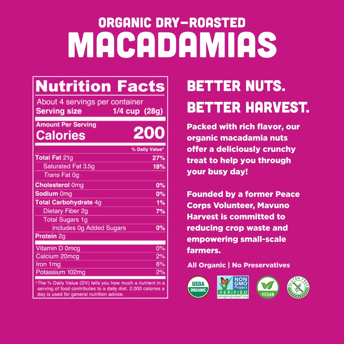 Mavuno Harvest Organic Roasted Macadamia Nuts, Dry Roasted Whole