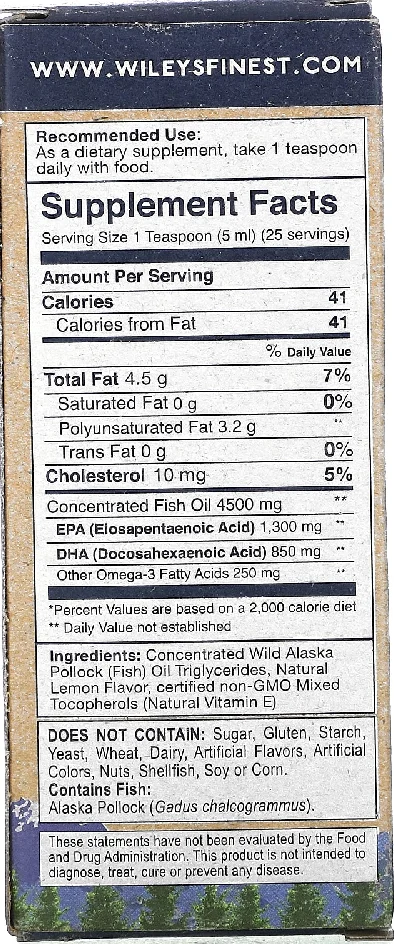 Wiley's Finest Wild Alaskan Fish Oil Peak Omega-3 Liquid Natural Lemon - 4.23 fl oz