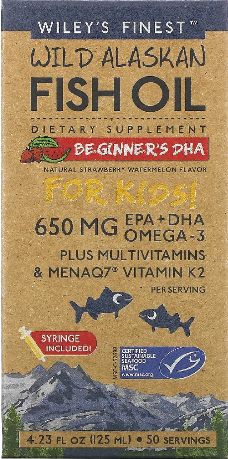 Wiley's Finest, Wild Alaskan Fish Oil, For Kids!, Beginner's DHA, Natural Strawberry Watermelon Flavor, 650 mg, 4.23 fl oz (125 ml)