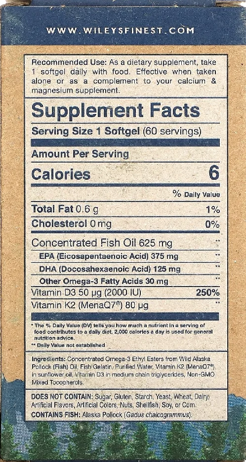 Wiley's Finest Wild Alaskan Fish Oil Vitamin K2 - 60 Softgels