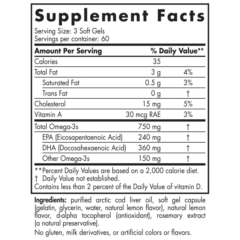 Nordic Naturals Arctic Cod Liver Oil Lemon Fish Oil - 750 mg - 180 Softgels