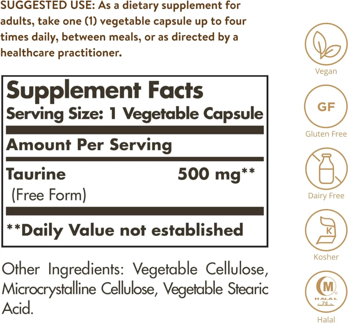Solgar Taurine - 500 mg - 100 Vegetable Capsules
