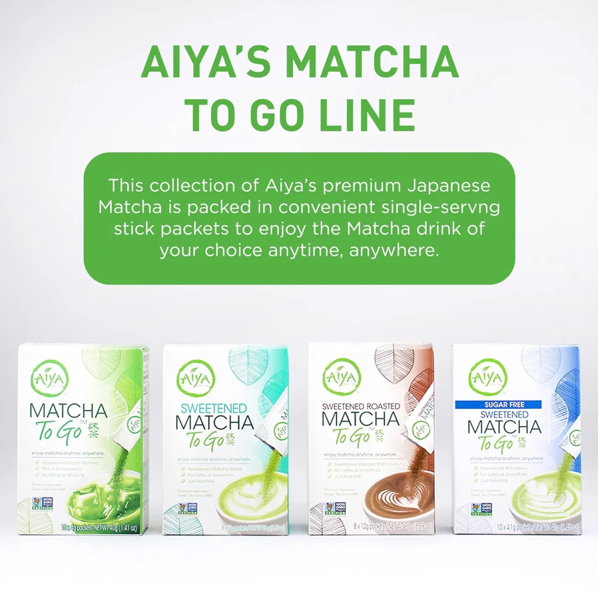Aiya Matcha To Go Single Serve Packs, Ceremonial Grade Pure Matcha Green Tea