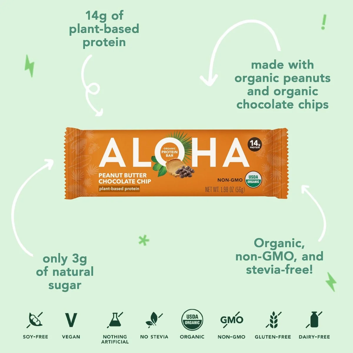 Aloha Organic Plant Based Protein Bar, Peanut Butter Chocolate Chip - 1.98 oz